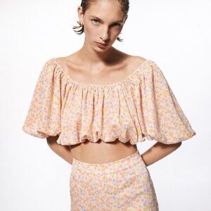 ZARA Floral Puff Sleeve Cropped Peasant Top Cottagecore